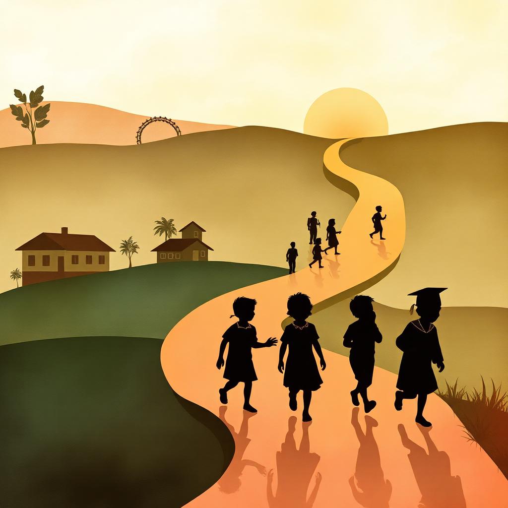 Illustrated SSVS journey — children walking a winding path through 25 years of milestones since 1999